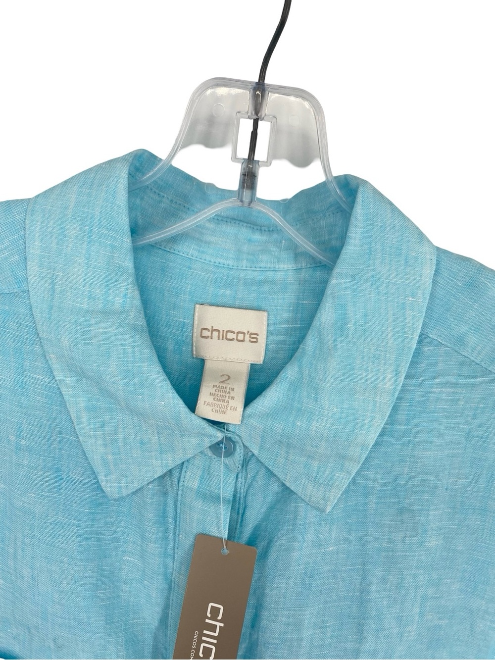 Chico’s Linen Side Slit Tunic Shirt in Aqua Button Down New Size Large - Picture 6 of 11